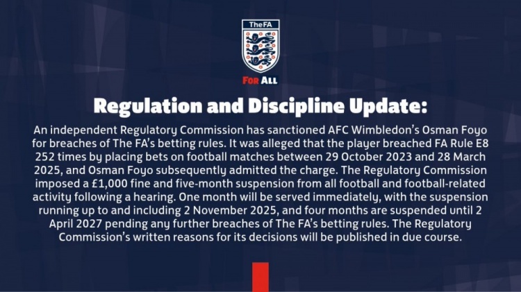 官方：英甲球员福约252次违反博彩条例，被罚款1000镑+禁赛5个月